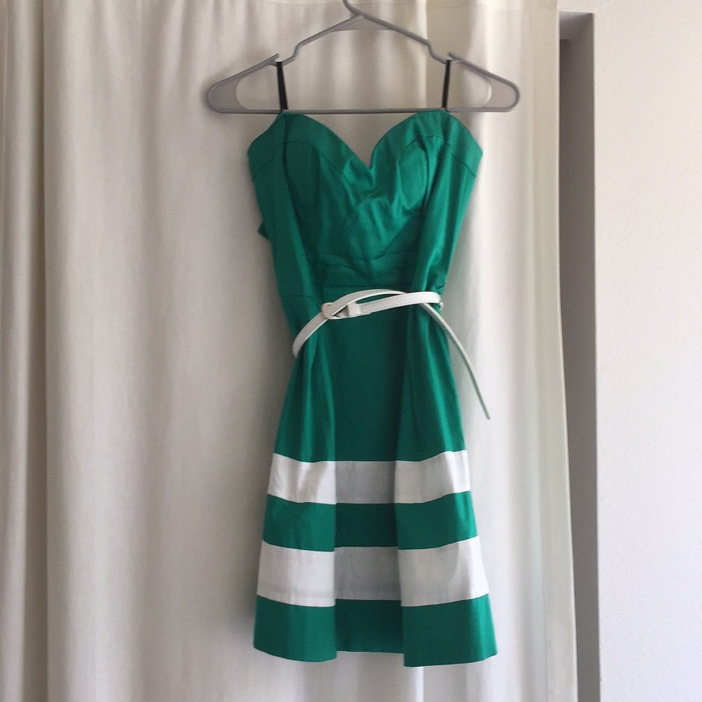 Bebe dress, green w/ white stripes, optional belt